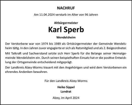 Traueranzeige von Karl Sperb von Allgemeine Zeitung Alzey