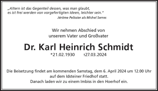 Traueranzeige von Karl Heinrich Schmidt von Idsteiner Land/Untertaunus