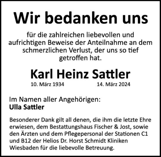 Traueranzeige von Karl Heinz Sattler von Wiesbadener Kurier