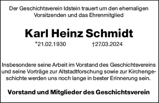 Traueranzeige von Karl Heinz Schmidt von Idsteiner Land/Untertaunus