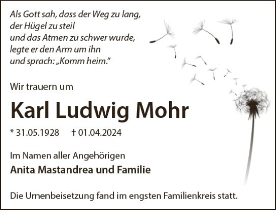 Traueranzeige von Karl Ludwig Mohr von Wetzlarer Neue Zeitung