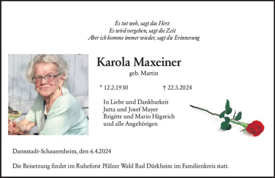 Traueranzeige von Karola Maxeiner von Wiesbadener Kurier