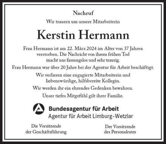 Traueranzeige von Kerstin Hermann von Nassauische Neue Presse