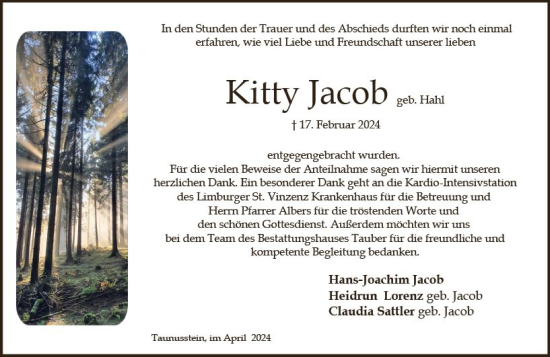 Traueranzeige von Kitty Jacob von Wiesbadener Kurier