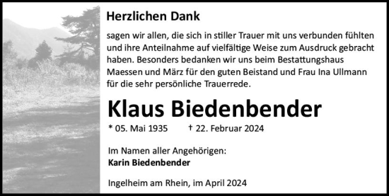 Traueranzeige von Klaus Biedenbender von Allgemeine Zeitung Bingen/Ingelheim