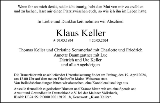 Traueranzeige von Klaus Keller von Allgemeine Zeitung Mainz