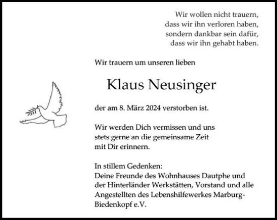 Traueranzeige von Klaus Neusinger von Hinterländer Anzeiger