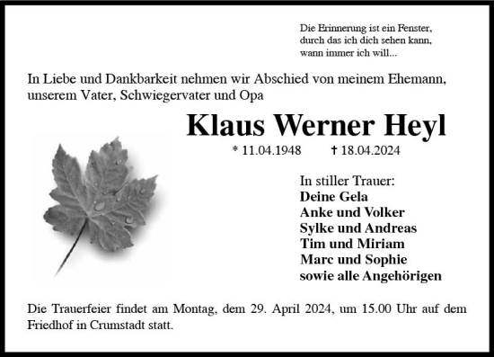 Traueranzeige von Klaus Werner Heyl von Darmstädter Echo