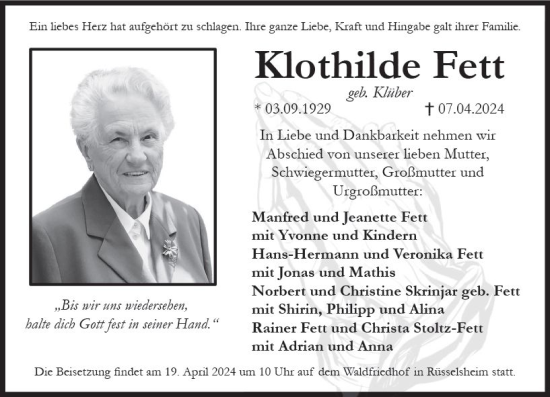 Traueranzeige von Klothilde Fett von Rüsselsheimer Echo