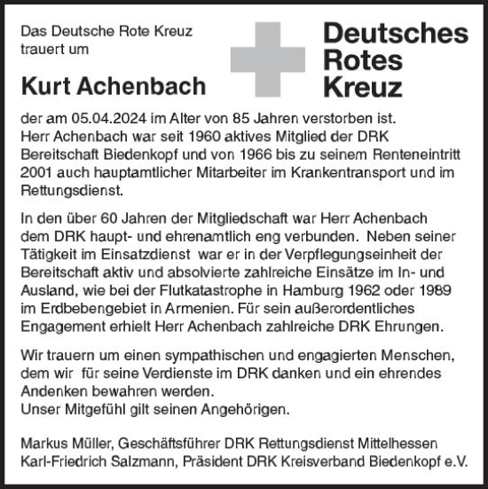 Traueranzeige von Kurt Achenbach von Hinterländer Anzeiger
