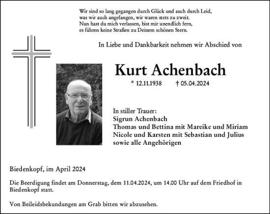 Traueranzeige von Kurt Achenbach von Hinterländer Anzeiger