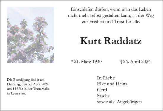 Traueranzeige von Kurt Raddatz von Wetzlarer Neue Zeitung