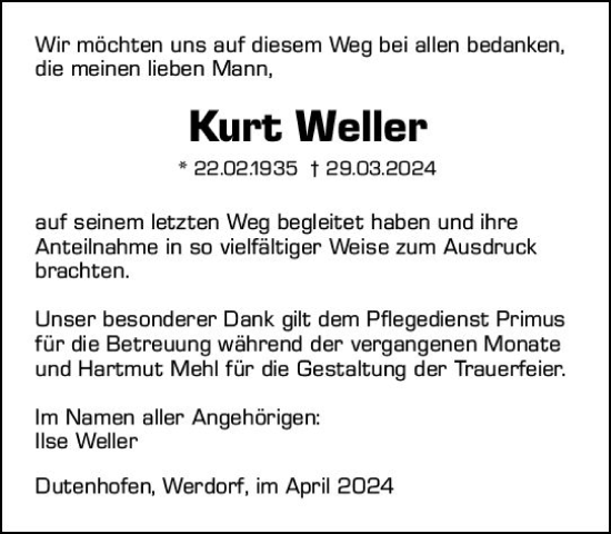 Traueranzeige von Kurt Weller von Wetzlarer Neue Zeitung