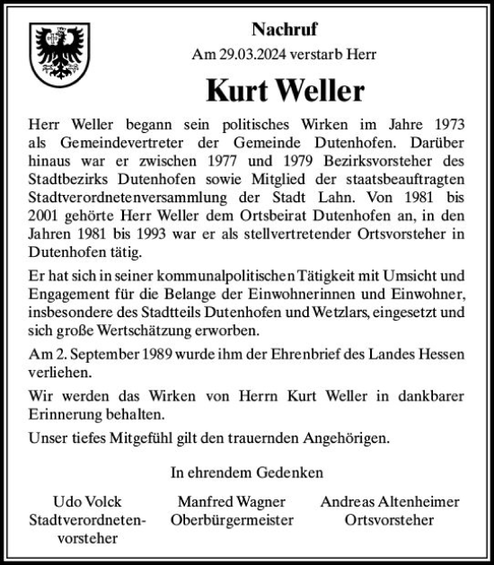 Traueranzeige von Kurt Weller von Wetzlarer Neue Zeitung