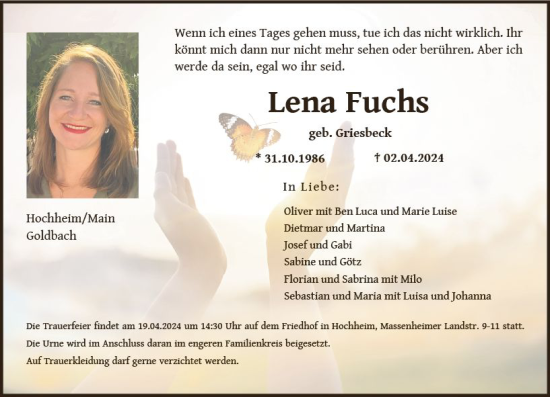Traueranzeige von Lena Fuchs von Hochheimer Zeitung