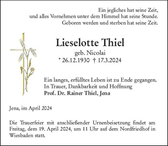 Traueranzeige von Lieselotte Thiel von Wiesbadener Kurier