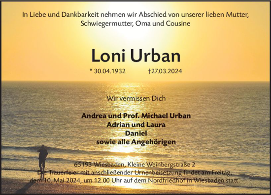 Traueranzeige von Loni Urban von Wiesbadener Kurier