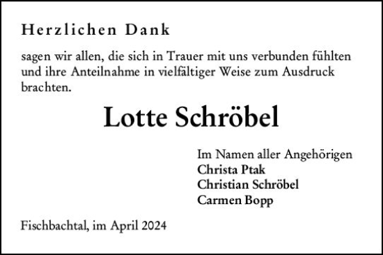 Traueranzeige von Lotte Schröbel von Darmstädter Echo