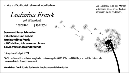 Traueranzeige von Ludwina Frank von Wetzlarer Neue Zeitung