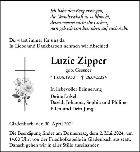 Traueranzeige von Luzie Zipper von Hinterländer Anzeiger