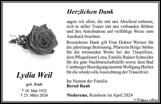 Traueranzeige von Lydia Weil von Camberger Anzeiger