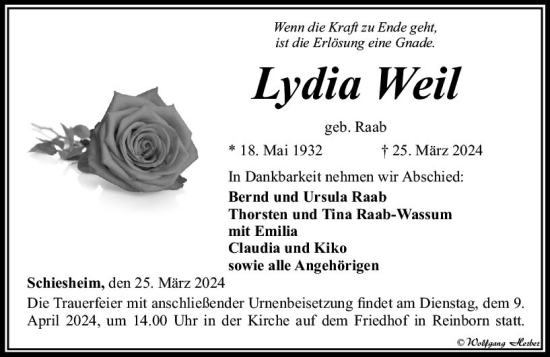 Traueranzeige von Lydia Weil von Camberger Anzeiger