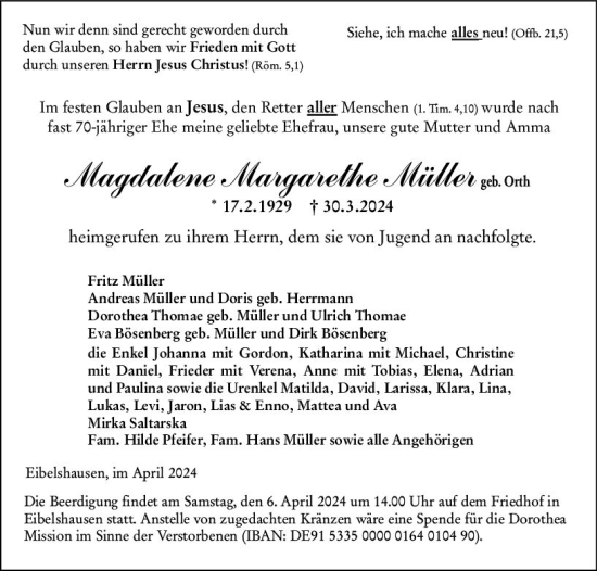 Traueranzeige von Magdalene Margarthe Müller von Dill Block