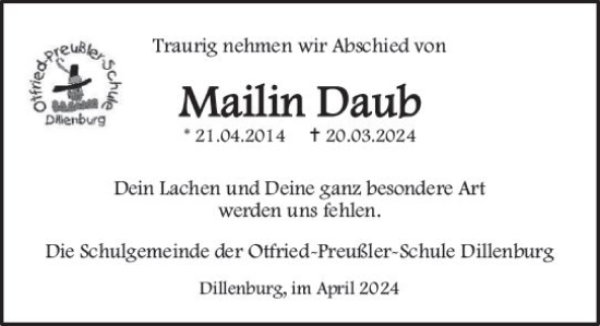 Traueranzeige von Mailin Daub von Dill Block
