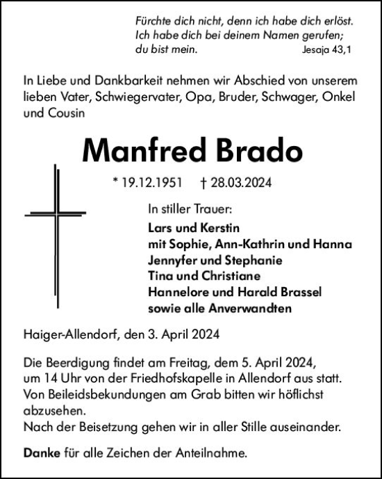 Traueranzeige von Manfred Brado von Dill Block