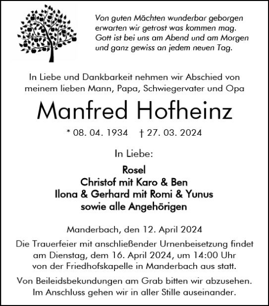 Traueranzeige von Manfred Hofheinz von Dill Block