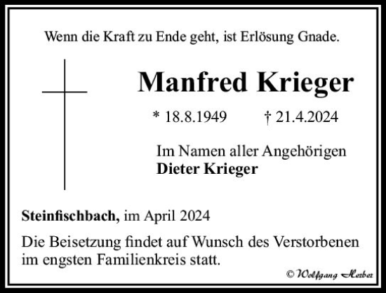 Traueranzeige von Manfred Krieger von Camberger Anzeiger
