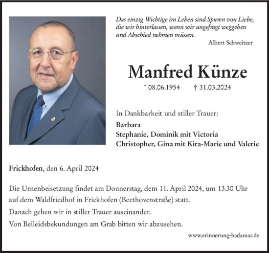 Traueranzeige von Manfred Künze von Nassauische Neue Presse