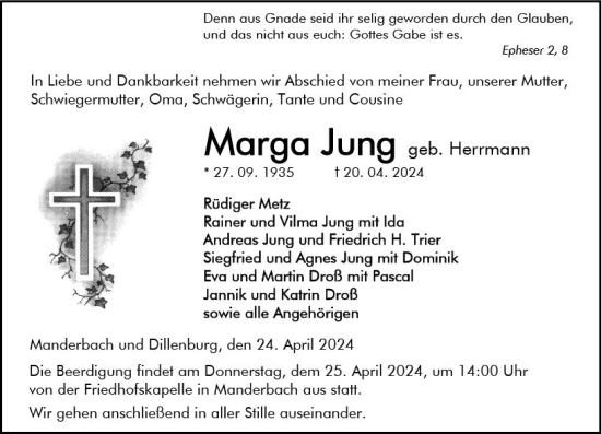 Traueranzeige von Marga Jung von Hinterländer Anzeiger