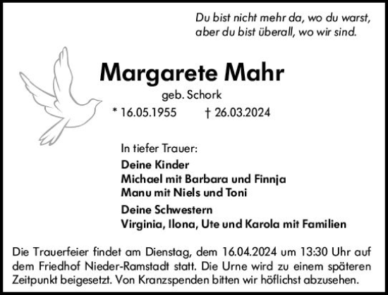 Traueranzeige von Margarete Mahr von Darmstädter Echo