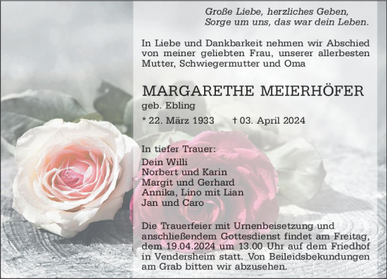 Traueranzeige von Margarethe Meierhöfer von Allgemeine Zeitung Alzey