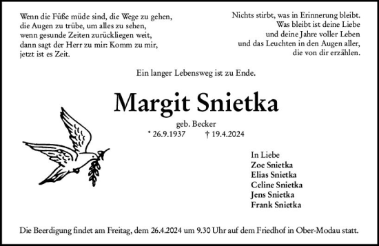 Traueranzeige von Margit Snietka von Darmstädter Echo