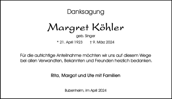 Traueranzeige von Margret Köhler von Allgemeine Zeitung Bingen/Ingelheim