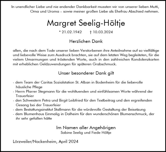 Traueranzeige von Margret Seelig-Höltje von Allgemeine Zeitung Mainz