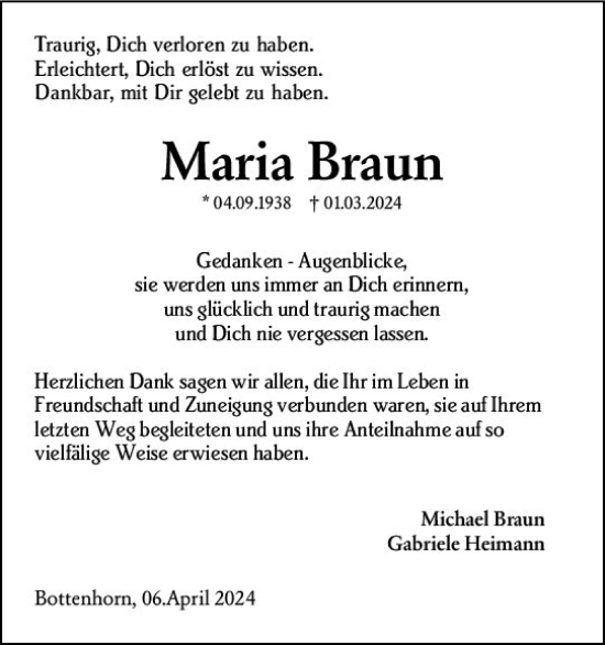 Traueranzeige von Maria Braun von Hinterländer Anzeiger