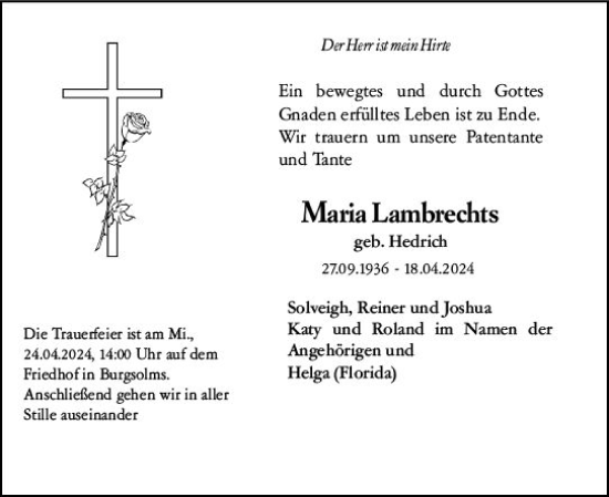Traueranzeige von Maria Lambrechts von Wetzlarer Neue Zeitung
