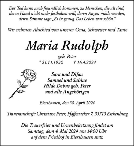 Traueranzeige von Maria Rudolph von Dill Block