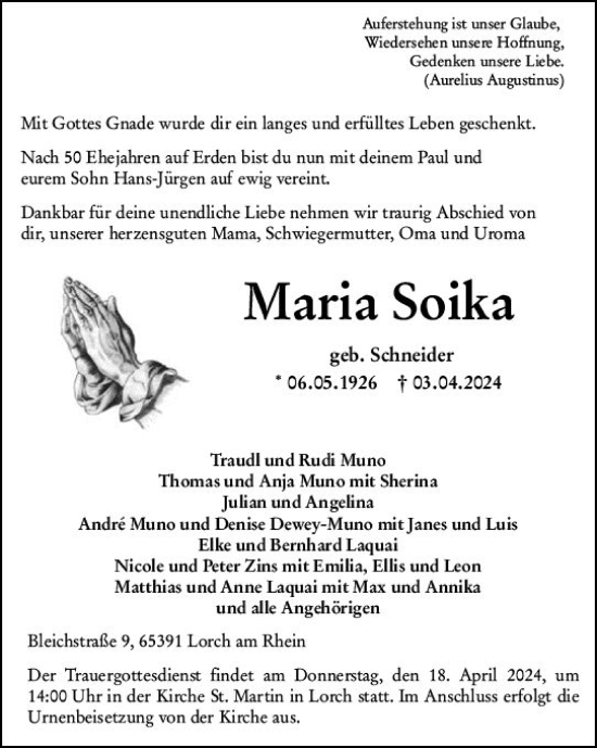 Traueranzeige von Maria Soika von Wiesbadener Kurier