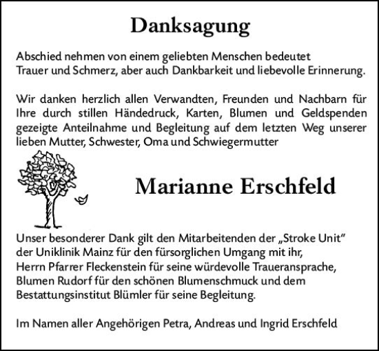 Traueranzeige von Marianne Erschfeld von Allgemeine Zeitung Bingen/Ingelheim