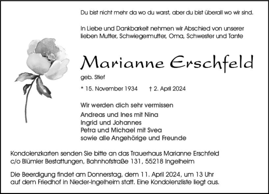 Traueranzeige von Marianne Erschfeld von Allgemeine Zeitung Bingen/Ingelheim
