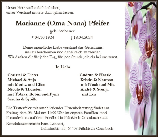 Traueranzeige von Marianne  Pfeifer von Odenwälder Echo