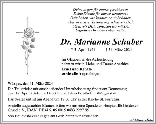 Traueranzeige von Marianne Schuber von Camberger Anzeiger