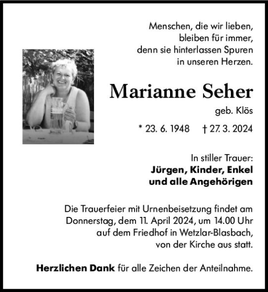 Traueranzeige von Marianne Seher von Wetzlarer Neue Zeitung