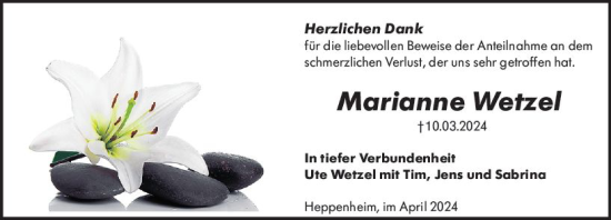 Traueranzeige von Marianne Wetzel von Starkenburger Echo