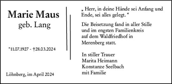 Traueranzeige von Marie Maus von Weilburger Tageblatt