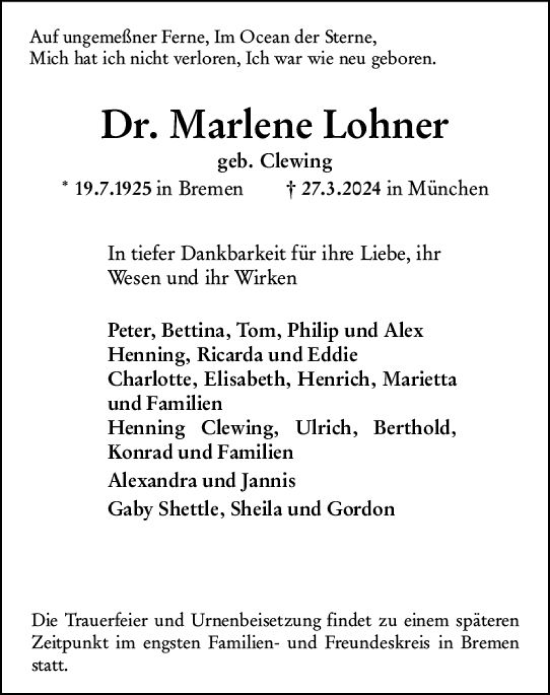 Traueranzeige von Marlene Lohner von Wiesbadener Kurier